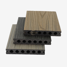 3D woodgrain preging kompositt WPC terrassebord rundt hull dekorative WPC terrassebord Teak farge co-ekstruderte WPC gulv for gangvei